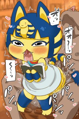 2d 2d_(artwork) 2d_artwork animal_crossing ankha ankha_(animal_crossing) blue_hair blush blush_lines bob_cut bodily_fluids book clothing digital_art digital_drawing digital_drawing_(artwork) digital_media digital_media_(artwork) digital_painting_(artwork) domestic_cat dress duo fangs felid feline felis female fur genitals hair heart_symbol hi_res high_resolution highres human ketsumoa male male/female mammal nintendo nipples on_model penetration penis pussy saliva sex tears teeth uraeus vaginal_penetration yellow_body yellow_fur