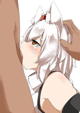 1boy absurdres animal_ear_fluff animal_ears black_gloves blush brown_eyes commentary_request crying crying_with_eyes_open cum cum_in_nose deepthroat elbow_gloves fellatio female gloves hair_between_eyes hat highres houkai_(collapse_illust) inubashiri_momiji irrumatio male momiji_inubashiri open_mouth oral penis red_hat shirt short_hair simple_background sleeveless sleeveless_shirt solo_focus straight tears textless_version tokin_hat touhou upper_body white_background white_hair white_shirt wolf_ears wolf_girl