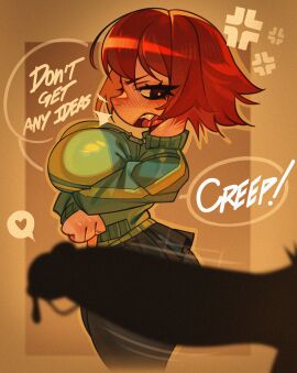 1boy 1girls anger_vein blush brown_eyes clothed crossed_arms fang female freckles heart huge_breasts jacket kim_pine light-skinned_female male precum red_hair scott_pilgrim short_hair text troppart upskirt