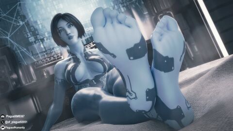 3d 3d_(artwork) 4k barefoot blender blender_(software) blue_body blue_skin bob_cut cortana feet female foot_fetish foot_focus halo_(series) high_resolution highres looking_at_viewer lying_on_bed plague_of_humanity_(artist) soles solo solo_female toes video_games