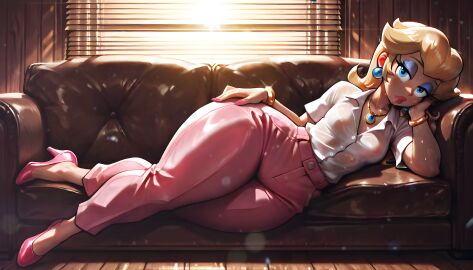 ai_assisted ai_generated couch laying_down laying_on_side legs looking_at_viewer office office_clothing office_lady princess princess_peach secretary sonicfreakai thick_legs thick_thighs wide_hips