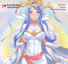 1girls alternate_costume alternate_version_available bangs blue_eyes blue_hair bodystocking breasts bridal_veil bride collarbone crazzeffect detached_sleeves dress female female_only fire_emblem fire_emblem_engage flower glowing grey_background hair_flower halterneck large_breasts light long_hair long_sleeves looking_at_viewer lumera_(fire_emblem) mature mature_female nintendo see-through smile solo upper_body veil wedding_dress