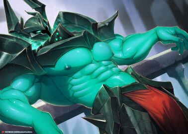 abs bara biceps booboo34 bulge green_body green_skin helmet horned_helmet league_of_legends male male_nipples male_only masculine_male mordekaiser muscular muscular_male nipples pecs riot_games solo yaoi