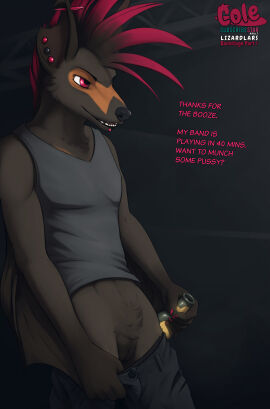 2024 absurd_res anthro bat biped black_body black_bottomwear black_clothing black_fur black_nose black_pants bottomwear bottomwear_down chin_piercing clothed clothing cole_(lizardlars) cuntboy cuntboy_anthro digital_media_(artwork) ear_piercing english_text fur genitals grey_clothing grey_shirt grey_tank_top grey_topwear hair hi_res intersex intersex_anthro lizardlars mammal mohawk multicolored_body multicolored_fur notched_ear orange_body orange_fur pants pants_down partially_clothed piercing pink_eyes pubes pussy red_hair shirt solo tank_top text topwear two-tone_body two-tone_fur