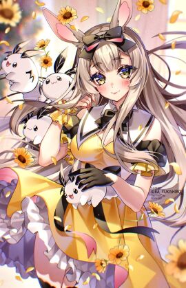 1girls :3 animal animal_ears artist_name bangs bare_shoulders black_bow black_gloves black_legwear black_neckwear blonde_hair blurry blurry_foreground blush bow bowtie breasts brown_eyes brown_hair bunny bunny_ears bunny_girl cleavage closed_mouth cowboy_shot day depth_of_field detached_collar dress eyebrows_visible_through_hair female field flower flower_field frills gloves hair_bow holding holding_flower long_hair looking_at_viewer medium_breasts outdoors petals shirt skirt sleeveless smile solo standing sunflower thighhighs very_long_hair virtual_youtuber vyugen watermark yellow_dress yellow_eyes yellow_flower yellow_rose yenko