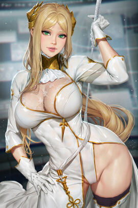 1girls big_breasts blonde_hair breasts clothed clothing color female female_focus female_only gloves green_eyes hi_res large_breasts light-skinned_female light_skin long_hair looking_at_viewer neoartcore nier:_automata pussy pussy_visible_through_clothes solo solo_female stockings tagme thick_thighs yorha_commander
