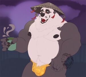 1boy anthro areola asian_conical_hat bear belly belly_tuft biped bulge clothed clothing detailed_bulge eyewear fur giant_panda glasses hat haviklion headgear headwear male male_anthro male_only mammal mihoyo multicolored_body multicolored_fur musclegut muscular navel nipples overweight pan_yinhu panda pecs solo thong topless topless_anthro topless_male tuft underwear zenless_zone_zero