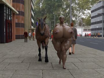 3d ass barefoot big_ass big_breasts big_butt bimbo breasts city dark-skinned_female dark_skin daz_studio dzcelestial3d exhibitionism feet female female_only feral horse horsecock human hyper_lips male penis public public_nudity short_hair walking wet_body white_hair