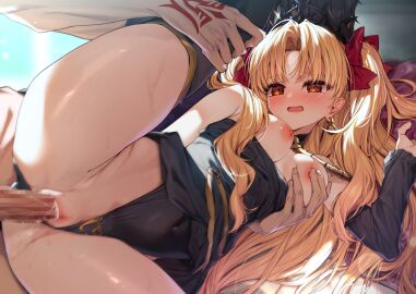 1boy alfred black_hair blonde_hair bow breasts censored earrings ereshkigal_(fate) fate/grand_order fate_(series) female fujimaru_ritsuka_(male) hairbow happy_sex highres jewelry long_hair lying male medium_breasts nipples on_side parted_bangs penis pussy red_eyes sex straight thighs tiara two_side_up vaginal_penetration