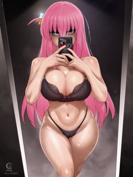 absurdres bare_shoulders black_bra black_panties blue_eyes bocchi_the_rock! bra breasts cameltoe cleavage cube_hair_ornament curvy embarrassed eyelashes female gotou_hitori hair_ornament highleg highleg_panties highres holding holding_phone large_breasts long_hair looking_at_viewer mirror_image navel panties phone pink_hair pussy selfie shiny_skin solo stomach sweat tears thighs thong thong_bikini underwear very_long_hair white_bikini wide_hips windmill_(artist)