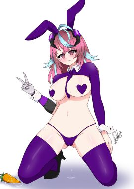 big_ass big_breasts black_socks blue_hair breasts brown_hair bunny_tail bunnysuit carrot elmashoarts embarrassed emikukis female purple_heart_pasties purple_panties purple_socks pussy pussy_juice pussy_juice_drip rabbit_ears red_eyes trying_on_clothes vaginal_object_insertion virtual_youtuber
