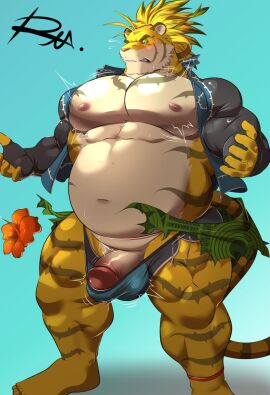 1boy 2020 5_toes anklet anthro belly big_belly big_bulge biped blonde_hair body_growth body_growth_(enlargement) bulge clothing digital_drawing_(artwork) digital_media_(artwork) feet felid flaccid foreskin front_view fur genitals glans green_eyes hair heart_symbol hi_res humanoid_feet humanoid_genitalia humanoid_hands humanoid_penis jacket jewelry lifewonders looking_at_viewer macan_(tokyo_afterschool_summoners) magan male male_only mammal musclegut muscular muscular_anthro muscular_male navel obese obese_anthro obese_male one_eye_closed overweight overweight_anthro overweight_male pantherine pecs penis plantigrade reclamon signature simple_background size_transformation solo standing striped_body striped_fur stripes tail tiger toes tokyo_afterschool_summoners topwear transformation uncircumcised underwear yellow_body yellow_fur