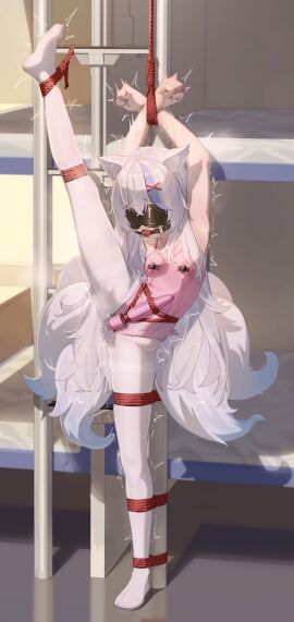 absurdres amadeus_frost animal_ear_fluff animal_ears armpits ball_gag bare_shoulders blindfold blue_eyes blue_hair bondage bound bound_arms breasts egg_vibrator female fox_ears fox_tail gag gagged highres kitsune kyuubi leotard long_hair looking_at_viewer multicolored_hair multiple_tails original pantyhose pink_leotard restrained sex_toy shibari_over_clothes small_breasts solo split standing standing_on_one_leg standing_split streaked_hair sweat tail very_long_hair vibrator white_hair white_pantyhose wiffle_gag