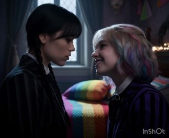 2girls ai_generated animated artist_name bed bedding_background bedroom black_hair enid_sinclair indoors inshot kiss kissing multicolored_hair open_mouth_tongue_kiss tagme the_addams_family twin_pigtails video wednesday_(netflix) wednesday_addams yuri