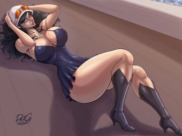 1girls bare_arms bare_legs bare_shoulders bare_thighs big_breasts black-haired_female black_hair blue_eyes blush breasts color deigart dress dressrosa female female_focus female_only hat hi_res high_heel_boots high_heels large_breasts light-skinned_female light_skin long_hair looking_at_viewer nico_robin nico_robin_(dressrosa) one_piece shounen_jump solo solo_female tagme thick_thighs