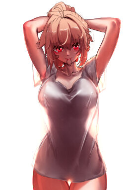 1girls absurd_res absurdres adult adult_female arcueid_brunestud arm_above_head arm_up armpit armpit_crease armpit_peek armpits arms_above_head arms_up big_breasts blonde_hair breasts brown-haired_female brown_eyebrows brown_hair busty busty_female cleavage cleft_of_venus closed_mouth_smile collarbone curvy curvy_body curvy_female curvy_figure curvy_hips curvy_thighs dot_nose elbows female female_focus female_only fukou fukou_da_man groin hair_between_eyes hair_bun hairless_armpits hand_above_head hand_behind_head hand_up hands_above_head hands_behind_head hands_up high_resolution highres hourglass_figure large_breasts lean_figure legs legs_closed legs_together light-skined_female light-skinned_female light_skin lips long_hair looking_at_viewer mature_female melty_blood narrow_waist nipple_bulge partially_visible_vulva pussy red-eyed_female red_eyes see-through_silhouette shaved_armpits shoulders simple_background slender_body slender_waist slim_female slim_waist smile smiley_face smiling smiling_at_viewer smirk smooth_armpits smooth_skin solo standing t-shirt thick_thighs thigh_gap thighs thin_waist topwear tsukihime tying_hair type-moon upper_body vulva vulva_line white_background white_t-shirt white_topwear wide_hips