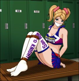 1girls alternate_version_at_source alternate_version_available blue_eyes blue_skirt blush bondage bound_legs bound_wrists cheerleader cheerleader_uniform cleavage exposed_panties female female_only gagged grasshopper_manufacture juliet_starling just_some_guy locker_room lollipop_chainsaw looking_at_viewer no_shoes panties pattern_legwear pink_panties red_belt rope rope_bondage scrunchie solo solo_female sports_bra stockings thighhighs tied_up twintails white_legwear worried worried_expression zettai_ryouiki