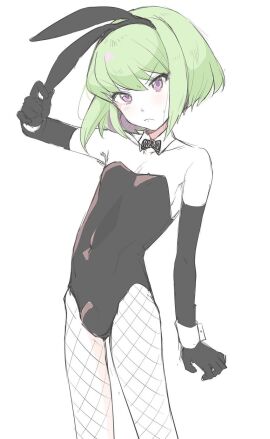 1boy 2d bowtie bowtie_collar bulge bulge_through_clothing bunny_costume bunny_ears bunnysuit clothed clothing color crossdressing crossdressing_male embarrassed fake_animal_ears fake_rabbit_ears femboy femboy_only fishnet_pantyhose fishnets gloves green_hair lio_fotia long_gloves male male_only male_playboy_bunny pantyhose petite petite_body petite_male playboy_bunny promare purple_eyes slim slim_male slim_waist solo tagme_(artist) trap unknown_artist white_background
