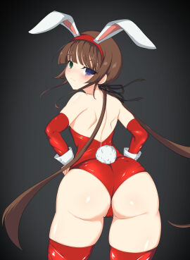 1girls 2024 animal_ears ashino back_view bangs bare_back black_background blue_eyes blunt_bangs brown_hair bunny_ears bunny_tail bunnysuit female green_eyes hair hairband heterochromia leather light-skinned_female light_skin looking_at_viewer looking_back marvelous panties pussy red_clothing ribbon ryoubi_(senran_kagura) senran_kagura shaved_pussy simple_background skindentation solo turning_head twintails very_long_hair