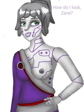 1girls boobs_out breasts female green_eyes lego ninjago p.i.x.a.l. partially_undressed pixal_(ninjago) rebooted_(ninjago) robot robot_girl smile