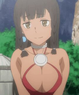 1girls amazon animated bare_shoulders braided_bangs braids breasts brown_eyes brown_hair covering_breasts cute dark-skinned_female dark_skin dungeon_ni_deai_wo_motomeru_no_wa_machigatteiru_darou_ka earrings eyebrows_visible_through_hair female female_only gif large_breasts long_hair seductive slight_blush tione_hiryute