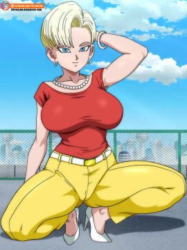1girls android_18 android_18_(end_of_z) artist_name big_breasts big_thighs blonde_hair blue_eyes breasts cameltoe city_background cyborg cyborg_girl deviantart deviantart_username dragon_ball dragon_ball_gt dragon_ball_super dragon_ball_z earrings female foxybulma heels huge_breasts jewelry light-skinned_female light_skin looking_at_viewer milf necklace patreon patreon_username posing pussy short_hair solo solo_female squatting text thick_thighs tight_clothing tomboy toned toned_female voluptuous voluptuous_female wide_hips