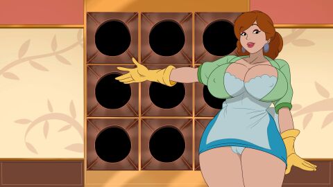 animated apron ass big_ass big_breasts breasts brown_hair discreenvision female housemilf_arcade inusen milf naked tagme