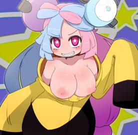 1girls alternate_breast_size bare_shoulders big_breasts black_jacket blue_and_pink_hair blue_hair blush bow-shaped_hair breastless_clothes breastless_shirt breasts breasts_out character_hair_ornament chibi chibi_style cleavage clenched_teeth collarbone creatures_(company) erect_nipples exposed_breasts exposed_chest exposed_nipples exposing_self eye_contact fancy_shmancy_hair_clips female female_focus female_only flashing game_freak gym_leader hair_ornament hanging_breasts huge_breasts iono_(pokemon) jacket jitoryomaster large_breasts light_blue_hair long_hair long_sleeves looking_at_viewer makino_nono miyazero multicolored_clothes multicolored_hair multicolored_jacket nintendo nipples no_bra no_shirt nude_filter oversized_clothes oversized_hoodie pink_eyes pink_hair pokemon pokemon_(game) pokemon_sv presenting puffy_areolae puffy_nipples revision screw sharp_teeth shirtless shooting_star showing_off showing_off_breasts simple_background sleeves_past_fingers sleeves_past_wrists smile solo split-color_hair star_(symbol) star_shaped_pupils starry_background sweat symbol_in_eye teeth third-party_edit toothy_grin toothy_smile twintails two-tone_hair two-tone_jacket v-shaped_eyebrows yellow_jacket
