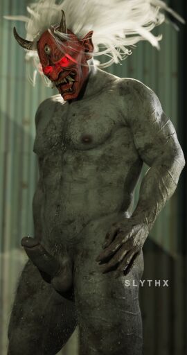1boy 3d dbd dead_by_daylight demon erection horns kazan_yamaoka large_penis male male_only mask muscles muscular penis silver_hair slythx3d the_oni_(dbd)