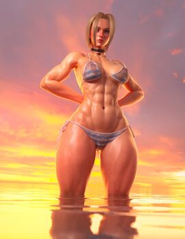1girls 3d 3d_(artwork) abs athletic athletic_female biceps bikini blonde_hair breasts cammy_white choker defined_muscles female female_focus female_only fit fit_female hands_behind_back hi_res high_resolution highres large_breasts muscles muscular muscular_female nipples nipples_visible_through_clothing see-through simple_background solo solo_female solo_focus street_fighter striped_bikini sunset thick_thighs thighs vool water wide_hips