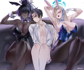 1boy 2girls absurdres amtv8428 armpits asuna_(blue_archive) asuna_(bunny)_(blue_archive) black_bow black_bowtie black_hair black_leotard blonde_hair blue_archive blue_archive_the_animation blue_bow blue_bowtie blue_halo blue_leotard blush bow bowtie breasts bunny_ears bunny_girl bunnysuit chocolate_and_vanilla cleavage closed_eyes crossed_legs cuffs_(clothing) dark-skinned_female dark_skin detached_collar female fishnet_pantyhose fishnets gloves gradient_hair hair_between_eyes hair_over_one_eye halo highleg highleg_leotard highres huge_breasts karin_(blue_archive) karin_(bunny)_(blue_archive) large_breasts leotard light-skinned_female light-skinned_male light_skin long-haired_female long_hair looking_to_the_side male mole mole_on_breast multicolored_hair multiple_females multiple_girls open_clothes open_mouth open_shirt pantyhose parted_lips purple_hair purple_halo sensei_(blue_archive) sensei_(blue_archive_the_animation) shirt short_hair shorts sitting smile strapless strapless_leotard thighs two-tone_hair very_long_hair voluptuous voluptuous_female white_gloves white_shirt white_shorts wrist_cuffs yellow_eyes