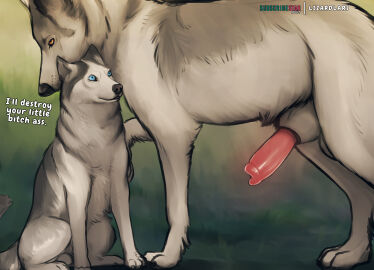 2024 animal animal_genitalia animal_penis balls big_balls big_penis biped black_body black_fur blue_eyes canid canine canine_genitalia canine_penis canis digital_media_(artwork) domestic_dog duo english_text erection feral fur genitals hi_res husky knot_in_sheath larger_male lizardlars male male/male mammal multicolored_body multicolored_fur nordic_sled_dog orange_eyes penis red_penis scared_expression sheath size_difference smaller_male spitz text two-tone_body two-tone_fur white_balls white_body white_fur white_sheath wide_eyed wolf