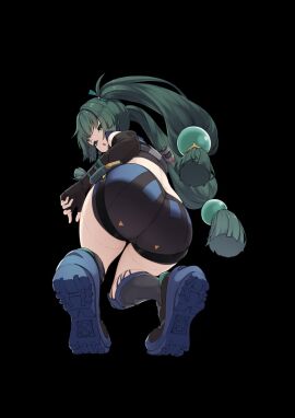 1girls android ass ass_focus bike_shorts black_gloves booty_shorts bubble_ass bubble_butt defaultkavy elbow_gloves female fingerless_gloves from_behind gloves green_hair huge_ass long_hair looking_at_viewer looking_back qingyi_(zenless_zone_zero) robot robot_girl shorts solo spats tight_clothing tights twintails zenless_zone_zero