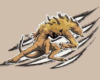 2025 absurd_res action_pose animal_genitalia arm_tuft balls claws digital_media_(artwork) digitigrade elden_ring_nightreign executor_(nightreign) eyeless feral fromsoftware genitals grin hi_res horn hotdogmeat huge_filesize hunched_over male mane markings monster orange_body outline pose primordial_beast sheath simple_background smile snout solo standing tail toony tuft white_outline