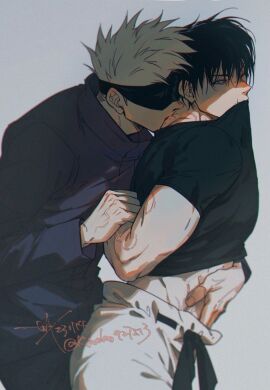 2boys artist_request colored dubious_consent fully_clothed gay gojou_satoru jujutsu_kaisen male male_only masculine no_visible_genitalia yaoi