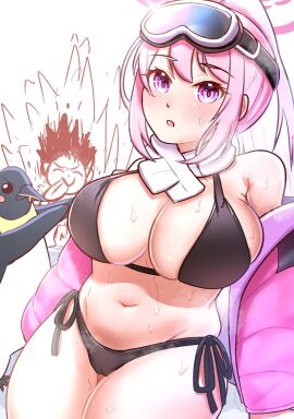1animal 1boy 1girls black_bikini black_bikini_bottom black_bikini_top black_swimsuit blue_archive breasts cameltoe doodle_sensei_(blue_archive) eimi_(blue_archive) eimi_(swimsuit)_(blue_archive) female halo large_breasts male millennium_science_school_student otawan partially_clothed_female penguin pink_hair purple_eyes pussy sensei_(blue_archive) ski_goggles super_phenomenon_task_force_(blue_archive) sweat swimsuit thick_thighs thighs