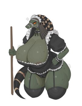2024 5_fingers absurd_res accessory alternate_costume ammit ammit_(moon_knight) anthro areola areola_slip bandage bent_arm big_breasts biped black_bow_tie black_clothing black_eyebrows black_hair black_legwear black_pubes black_thigh_highs bodily_fluids bow_tie breasts camel_toe cameltoe cleavage cleavage_overflow clothed clothed_anthro clothed_female clothing collarbone crocodile crocodilian crocodylid cuffs_(clothing) curvy_figure dark_areola dark_body dark_breasts dark_clothing dark_hair dark_scales deity digital_drawing_(artwork) digital_media_(artwork) egyptian_headdress egyptian_mythology eyebrows eyelashes female fingers garter_straps glistening glistening_areola glistening_body glistening_breasts glistening_eyes glistening_legs glistening_scales green_body green_breasts green_scales grumpy hair hair_accessory hairy_pussy hand_on_hip hand_on_own_hip headdress hi_res holding_object huge_breasts humanoid_hands im51nn5 ineffective_clothing leaning leaning_forward legwear long_hair looking_at_viewer maid_headdress maid_uniform marvel marvel_cinematic_universe marvel_comics middle_eastern_mythology monotone_background monotone_body monotone_hair monotone_scales moon_knight_(series) motion_lines motion_outline mouth_closed mythology nemes_(clothing) no_irises non-mammal_breasts orange_sclera pink_areola portrait pubes pupils pussy reptile scales scalie shirt_collar shirt_cuffs simple_background skimpy small_pupils snout solo standing sweat teeth thick_neck thick_thighs thigh_highs thin_eyebrows three-quarter_portrait three-quarter_view uniform voluptuous white_background white_shirt_collar