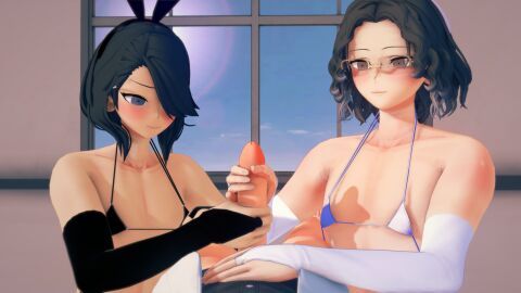 3boys 3d alternate_version_available bikini blush bunny_ears clothed crossdressing danganronpa danganronpa_another dishie_dark enjoying fanganronpa femboy gay glasses gloves handjob hashimoto_shobai indoors koikatsu lens_flare male male_only masturbating_other morning no_penetration penis pov sannoji_mikado sdra2 self_upload smile super_danganronpa_another_2 yomiuri_nikei