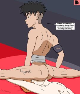 1boy arm_band ass back cyles_cinning dominant dominant_bottom facesitting fingerless_gloves gay male male_only military naked original original_artwork original_character original_characters power_bottom restrained stomach_wraps submissive_top tattoo text text_box trapped vent
