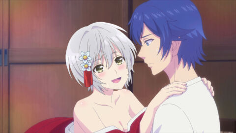 1boy 1girls bare_shoulders female jaku-chara_tomozaki-kun kikuchi_fuuka kimono male megami_no_kafeterasu silver_hair