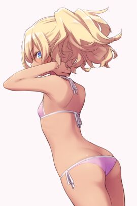 ass bare_arms bare_shoulders bikini blonde_hair blue_eyes breasts butt_crack cowboy_shot dark-skinned_female dark_skin female female_focus medium_hair mochi_(mochi444420) original pink_bikini ponytail side-tie_bikini_bottom small_breasts solo swimsuit