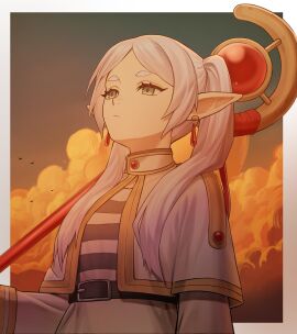 absurdres belt bird black_belt capelet closed_mouth cloud dnsu earrings elf female floating_earrings frieren gold_trim green_eyes grey_hair hair_over_shoulder highres holding holding_staff jewelry long_hair long_pointy_ears long_sleeves looking_up mage_staff meme multiple_girls parted_bangs pointy_ears shirt solo sousou_no_frieren staff striped_clothes striped_shirt twintails upward_angle_frieren_drawing_(meme) white_capelet white_hair