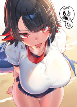 1girls big_breasts breasts breath close-up ear_piercing ellen_joe female gym_uniform hair_ornament hoyoverse kemonomimi large_breasts light-skinned_female low-angle_view nichesnake open_mouth red_eyes red_hair red_nails shark_girl shark_tail shark_teeth sharp_teeth slim_waist speech_bubble sweat tail_wagging teenage_female teenager wide_hips zenless_zone_zero