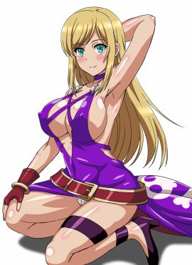 1girls aqua_eyes arm_behind_head armpits b._jenet belt big_breasts blonde_hair bracelet breasts busty cameltoe choker cleavage covered_erect_nipples dress fatal_fury feet female female_only fingerless_gloves garou:_mark_of_the_wolves gloves gold_bracelet hand_on_knee hand_on_own_knee high_heels highres jewelry king_of_fighters king_of_fighters_xv kneeling large_breasts legs long_hair panties pantyshot pose posing purple_dress pussy sensual sideboob smile snk thighs underwear voluptuous white_panties