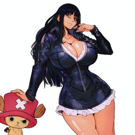 1boy 1girls bare_legs bare_thighs big_breasts black-haired_female black_hair blue_eyes blush breasts clothed clothing color female hat hi_res inner_sideboob large_breasts light-skinned_female light_skin long_hair looking_at_viewer male male/female master_dcj nico_robin one_piece pre-timeskip shounen_jump tagme thick_thighs tony_tony_chopper touching_hair water_7