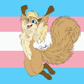 animal_genitalia anthro armpit_tuft balls blonde_hair blue_eyes breasts buckteeth chest_tuft deerwalker female flat_colors fluffy fully_sheathed furry futanari genitals hair hi_res intersex jumping lgbt_pride lgbt_pride_month mammal nipples nude pride_colors rodent sciurid sheath simple_background smile solo squirrel squirrel_tail teeth tongue transgender_pride_colors tree_squirrel tuft