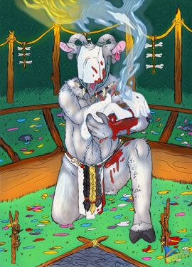 anthro belly_tuft blood_on_clothing blood_on_face blood_on_hand bodily_fluids bone bottomwear bovid caprine clothed clothing death digital_drawing_(artwork) digital_media_(artwork) ear_piercing ear_ring effigy face_covered facial_hair feral fur glowing goat goatee grass hair hi_res holding_animal holding_object hooves horn jewelry kneeling knife log loincloth loincloth_only magic magic_circle magic_user male mammal mask necklace petals piercing plant ring_piercing ritual robyn_crawford rock rope sacrifice solo stab stick topless tree tuft unguligrade vampire were white_body white_fur wispypie wood