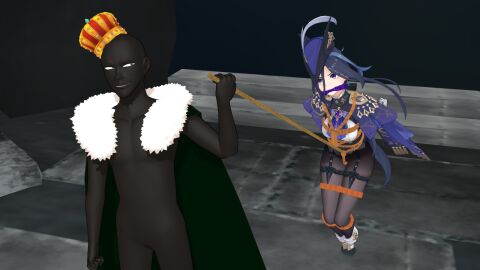 1boy 1girls 3d blue_hair breasts cleave_gag clorinde_(genshin_impact) dark-skinned_male duo female fontaine_girls gag gagged genshin_impact kidnapping male mmd nah pavro