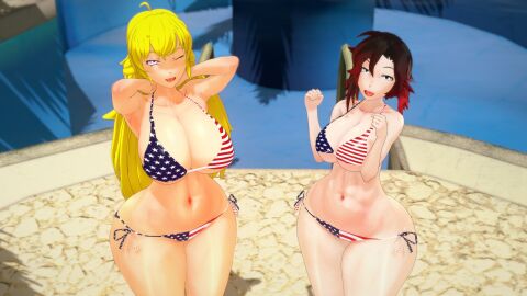 2girls 3d american_flag_bikini armpits arms_behind_head big_breasts bikini bikini_bottom bikini_top black-haired_female black_hair blonde_female blonde_hair breasts different_breast_sizes female female_only fourth_of_july half-dressed half-sisters half_naked half_naked_female long-haired_female long_hair looking_at_viewer morepolygons11 navel pose posing purple_eyes red_highlights ruby_rose rwby sensual sexy sexy_armpits sexy_body silver_eyes sisters smile toned yang_xiao_long