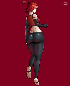 1girls ass back_view big_ass big_breasts big_butt big_thighs black_gloves breasts female female_focus female_only focus_on_ass gloves grabbing_ass grabbing_own_ass looking_back muscular muscular_female original original_character radiant_artist red_eyes red_hair ruby_reed short_hair stirrup_legwear stirrup_thighhighs tomboy topwear